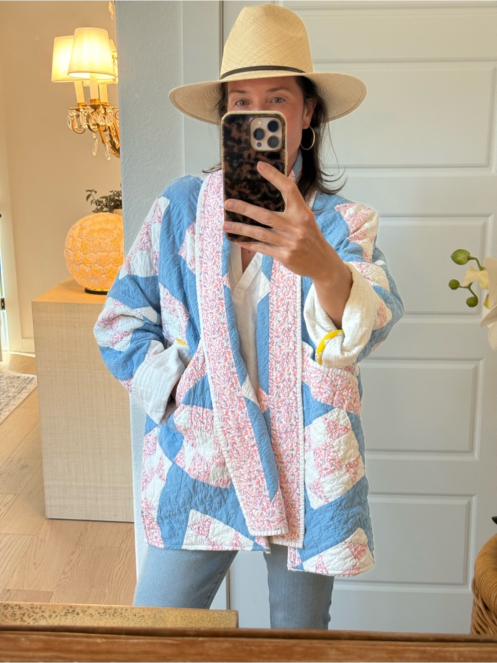 Vintage Handmade Quilted Patchwork Jacket in Light Blue, Pink & White